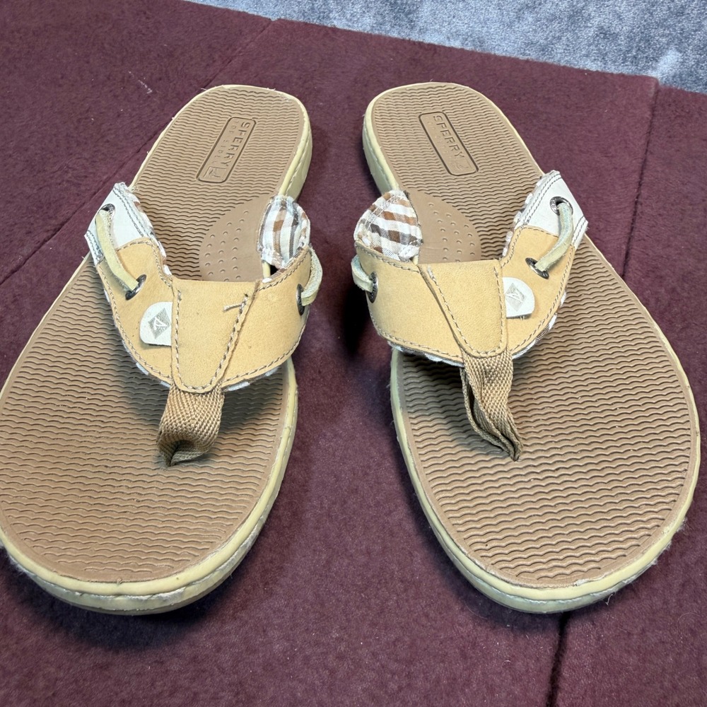 Sperry Flip Flop Sandals Womens Tan Regular Size 7M Thong Plaid Nautical Summer - Picture 3 of 7